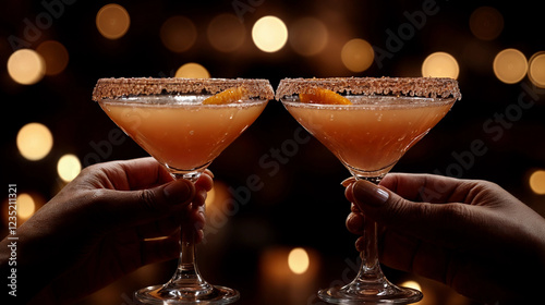 Close-up of two hands toasting with a cocktail in a margarita glass in a nightclub bar