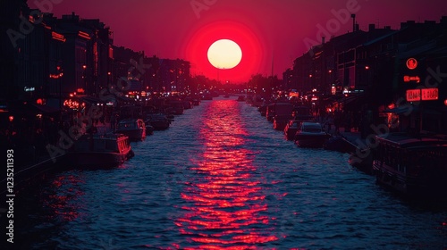 Red Sunset Over Canal City Boats Buildings photo