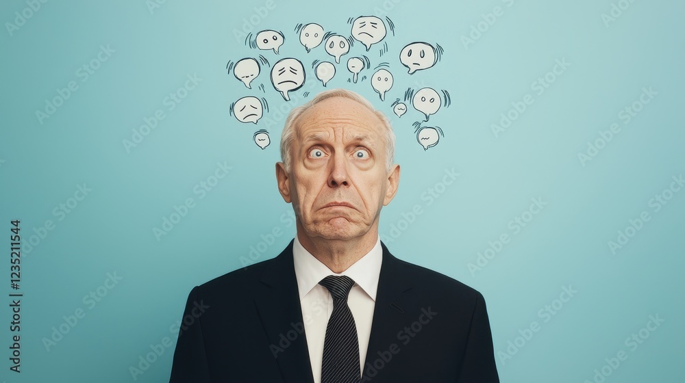 A man in a suit expresses confusion, surrounded by various emoticons representing different emotions above his head. A man in a suit expresses confusion, surrounded by various emoticons representing different emotions above his head.