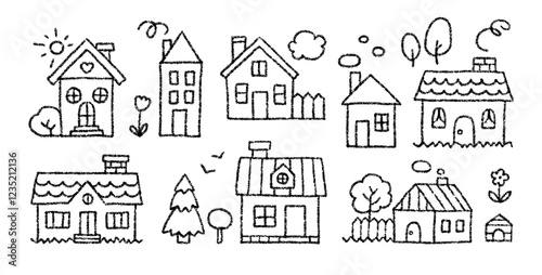 Black crayon pencil drawing of doodle houses. Childish charcoal sketch of farm home and village buildings, sun, trees, flower and kennel. Cute hand drawn houses, vector illustration