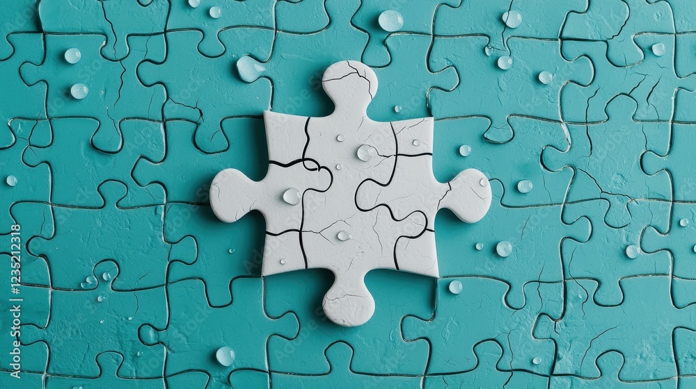 A solitary puzzle piece sits on a turquoise background, surrounded by other pieces, some with water droplets, creating a visually striking contrast. A solitary puzzle piece sits on a turquoise background, surrounded by other pieces, some with water droplets, creating a visually striking contrast.