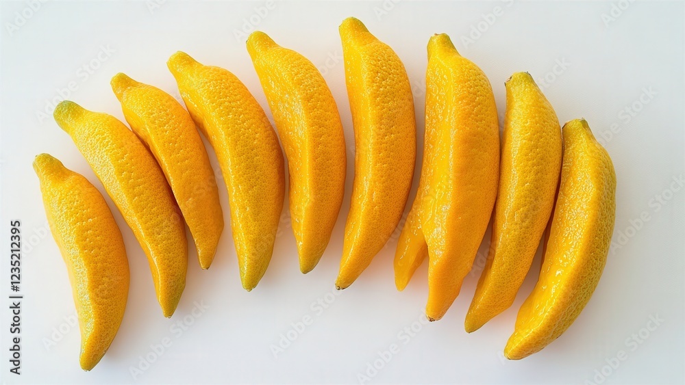 A Row of Fresh Yellow Bananas on a White Background A Row of Fresh Yellow Bananas on a White Background
