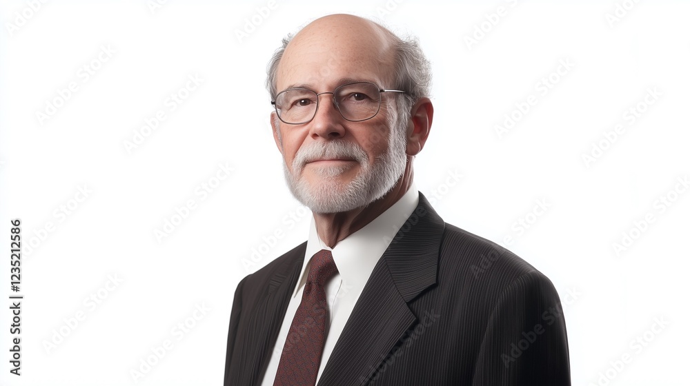 A distinguished older gentleman with glasses and a beard wearing a suit and tie against a white background A distinguished older gentleman with glasses and a beard wearing a suit and tie against a white background