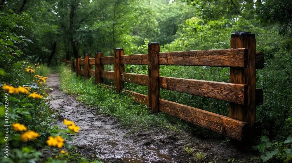 A wooden fence with a path in front of it A wooden fence with a path in front of it