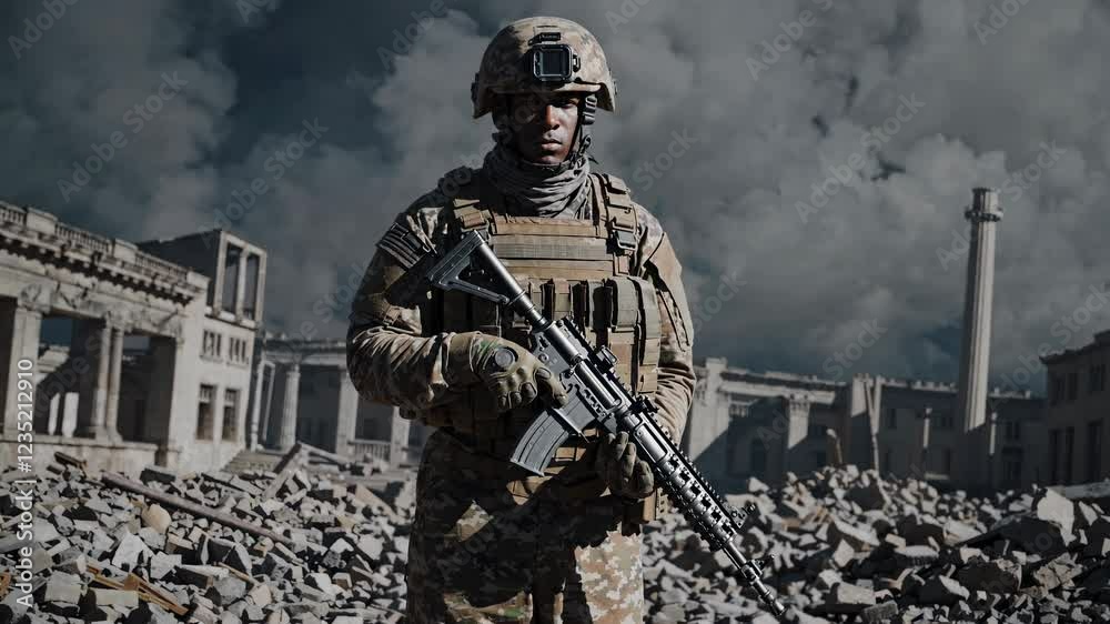 African American soldier in combat gear standing among urban ruins during military operation. Dramatic stormy sky background shows modern warfare reality in destroyed city landscape African American soldier in combat gear standing among urban ruins during military operation. Dramatic stormy sky background shows modern warfare reality in destroyed city landscape