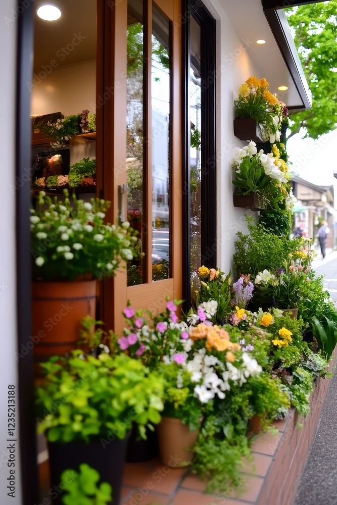 Fototapeta premium Colorful Flower Shop Exterior with Blooming Plants