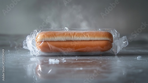 Frozen Hot Dog Wrapped in Plastic With Steam Rising