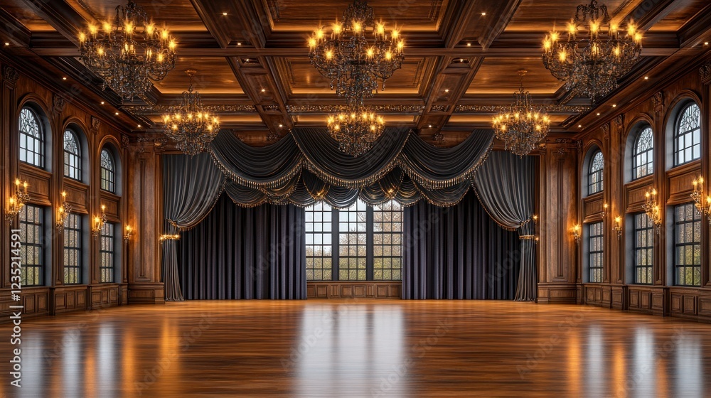 Luxurious empty ballroom with dark drapes and chandeliers Luxurious empty ballroom with dark drapes and chandeliers