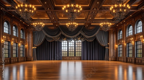 Luxurious empty ballroom with dark drapes and chandeliers photo