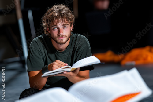 Young Man with Curly Hair Reading a Book in Low Light