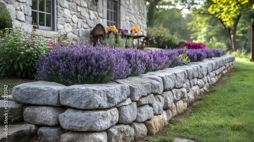 A stone wall with purple flowers and a bench