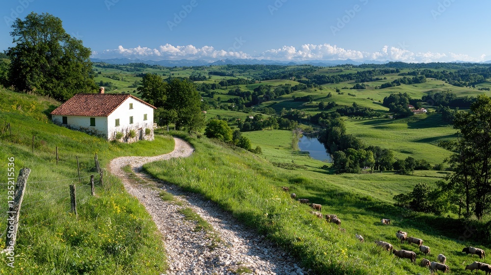 Fototapeta premium White farmhouse with a red roof sits on a lush green hill beside a winding dirt road overlooking a scenic countryside valley.