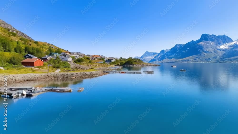 Serene Arctic village nestled in a fjord mountains rising in the background Serene Arctic village nestled in a fjord mountains rising in the background