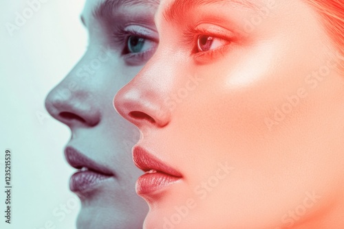 Two contrasting faces reveal the journey of aging and youthful beauty in a compelling side by side comparison. Generative AI photo