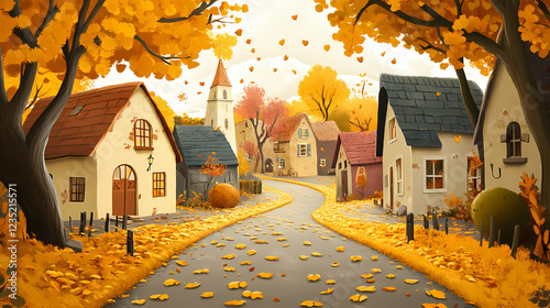 A quiet village in autumn with rustic houses, trees shedding golden leaves, and a peaceful street filled with fallen foliage. Rustic Charm. Illustration
