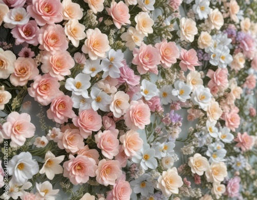 Artificial flower wall with realistic petals and delicate stems in pastel colors,  garden scene,  faux flowers