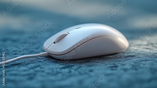 Computer mouse rests on a textured surface with soft lighting illuminating its sleek design and details photo