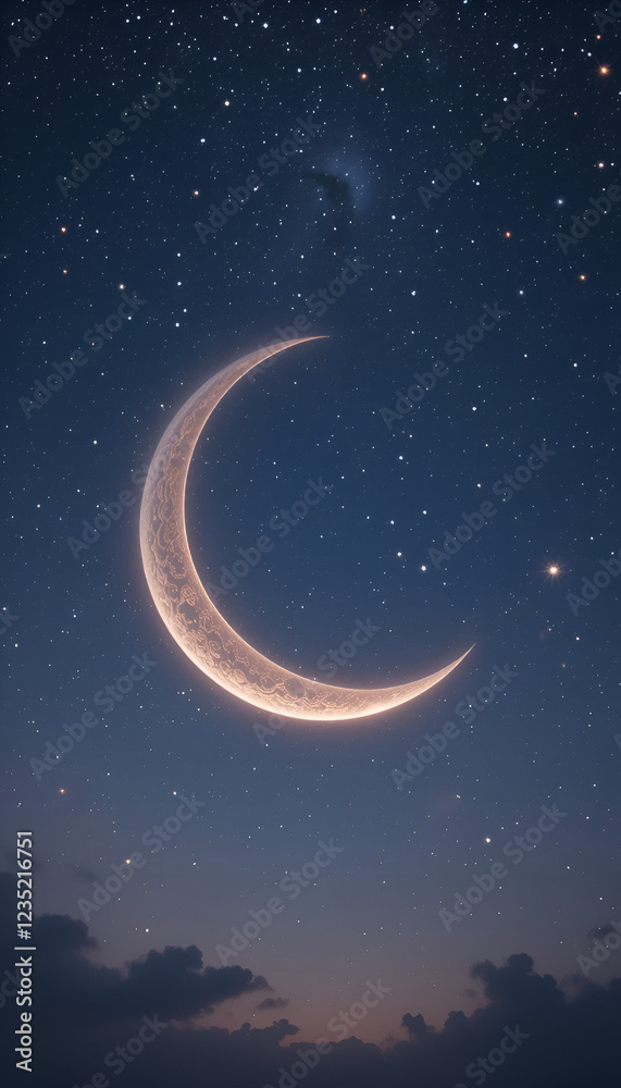 A beautifully glowing crescent moon set in a peaceful starry night sky, symbolizing the spirituality and serenity of Ramadan. A beautifully glowing crescent moon set in a peaceful starry night sky, symbolizing the spirituality and serenity of Ramadan.