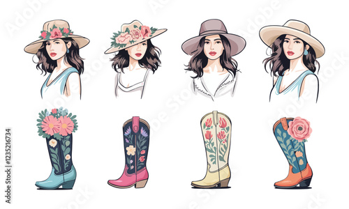 Loral Hats and Boots Collection - Vector Art Illustrations for Fashion and Style