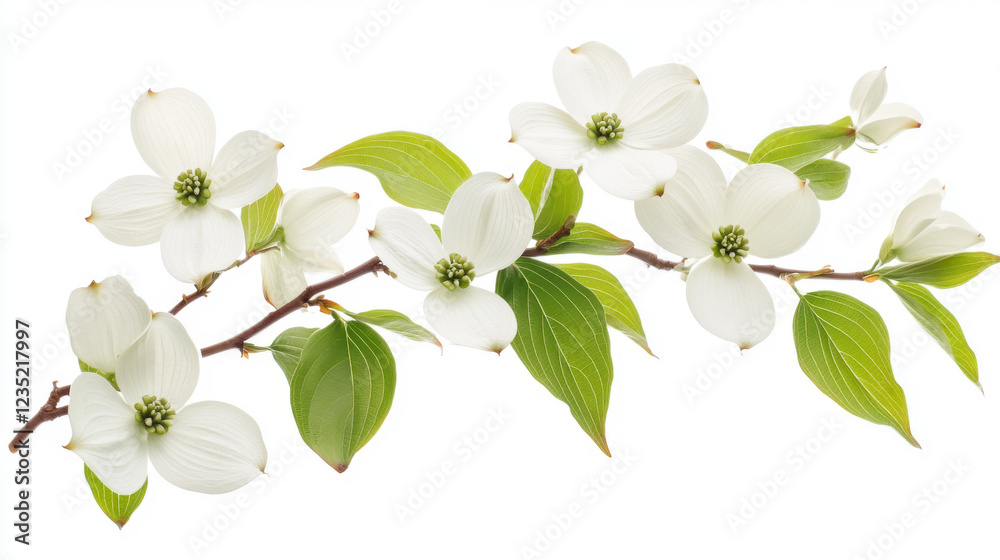 Naklejka premium Close-up of a flowering dogwood branch, with soft white petals and green leaves, isolated on a white background,