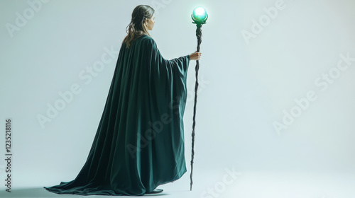 Mystical enchanter holding glowing staff in a green cloak on minimalist background