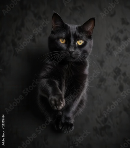 Black cat with dark fur lying on a black background print paw print , fur, paw