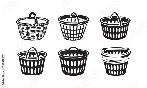 Collection of 6 Black and White Basket Vector Illustrations for Web and Graphic Design