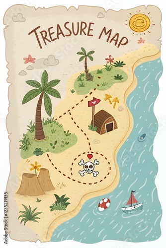Kids Treasure Map Illustration Island Beach Pirate Adventure