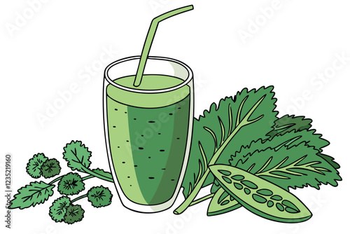 Green smoothie, vibrant, refreshing, glass, mint leaves garnish, kale, healthy drink, nutrition, detox, bright, clean eating, food photography, white background, high contrast, crisp details, appetizi