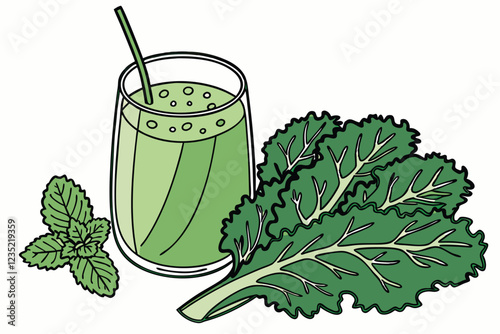 Green smoothie, vibrant, refreshing, glass, mint leaves garnish, kale, healthy drink, nutrition, detox, bright, clean eating, food photography, white background, high contrast, crisp details, appetizi