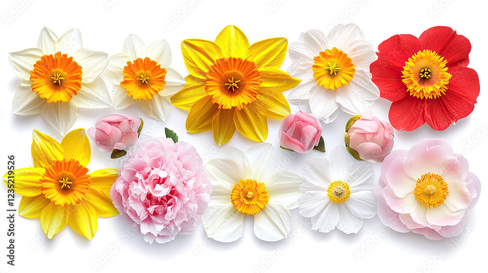 Obraz premium Set of Four Spring Flowers - Daffodils, Poppy, and Peony - Isolated on White Background