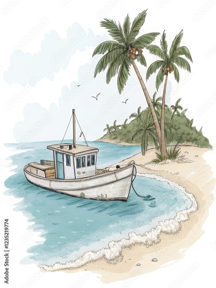 Naklejka premium Tropical Island Beach Scene Boat Palm Trees Ocean Paradise
