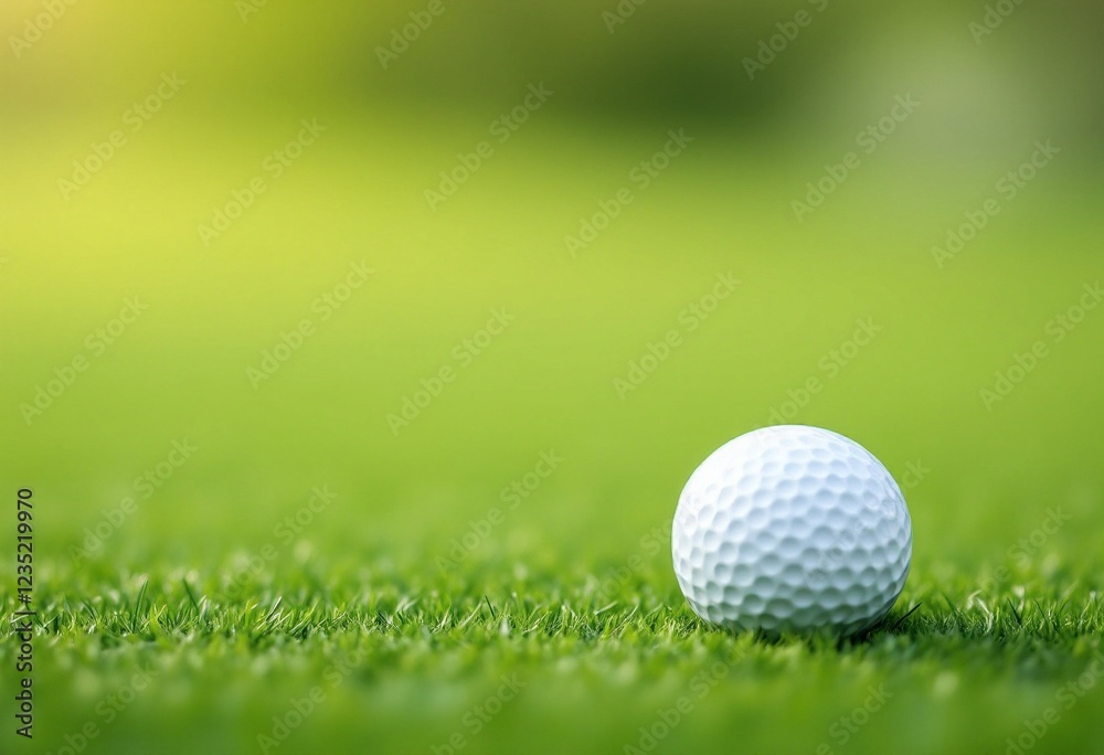 White golf ball on fresh green grass course with soft blur background. Close-up view of sports equipment on natural lawn. Summer outdoor activity and professional game concept White golf ball on fresh green grass course with soft blur background. Close-up view of sports equipment on natural lawn. Summer outdoor activity and professional game concept