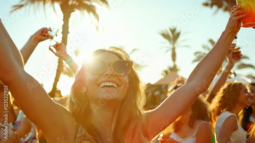 A vibrant summer gathering featuring a young crowd filled with joy as they dance, drink, and enjoy the warm sunshine, surrounded by palm trees and cheerful energy. Laughter and music fill the air.