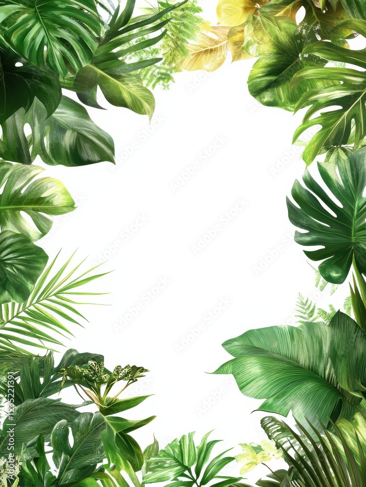 Naklejka premium Tropical plants frame blank signboard, nature background; ideal for advertising or website banner.