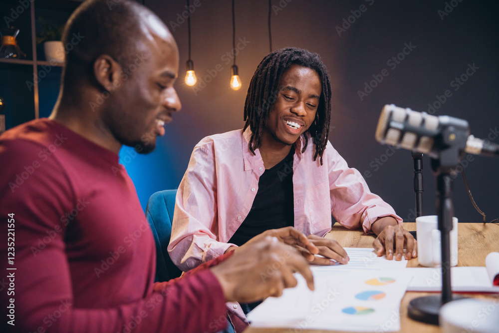 Fototapeta premium Podcasters discussing data visualizations during collaborative recording session in contemporary broadcasting workspace