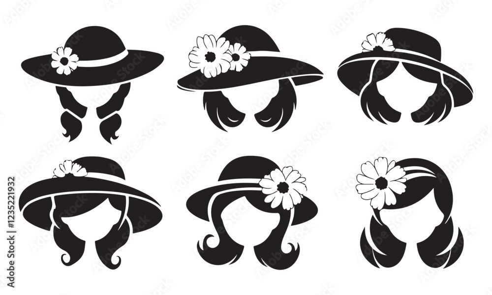 Naklejka premium Stylish Hat Designs with Floral Accents - Elegant Vector Illustrations for Fashion Lovers