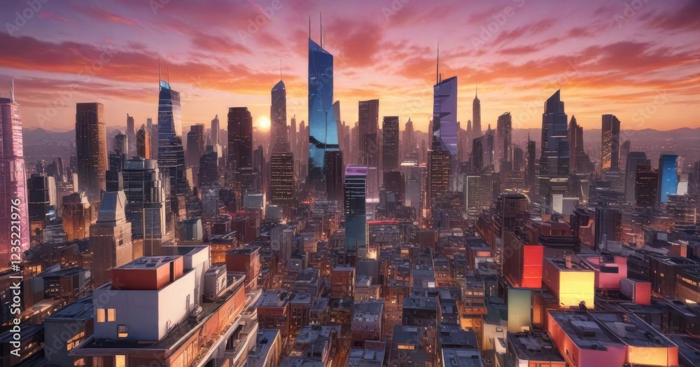 Obraz premium Brightly colored, geometric shapes overlapping a cityscape at sunset, urban, vibrant