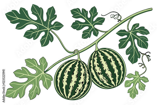  Watermelon, vine, botanical illustration, realistic, detailed, vibrant green leaves, striped fruit, hanging melons, white background, vintage style, high contrast, sharp focus, natural lighting, plan
