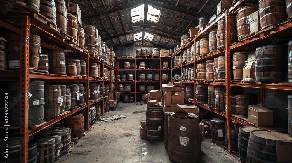 Obraz premium Warehouse with boxes. Logistics center. Storage area of industrial enterprise. Stack of boxes. Warehouse racks with barrels and parcels. Storehouse for factory. Warehouse without anyone. Art focus