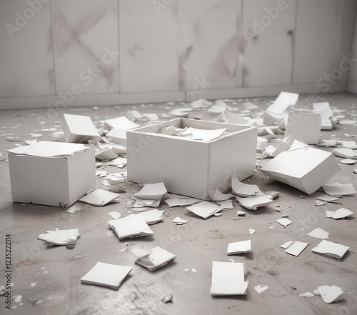 Broken white box pieces strewn across a clean floor with vacant area,  abstract design,  geometric arrangement