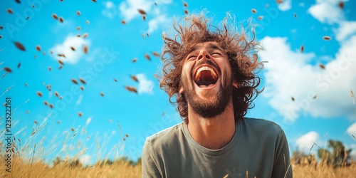 A man enjoys the outdoors with laughter against a vibrant background.