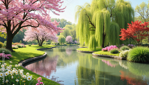 Tranquil pond reflecting blossoms in lush garden, spring renewal, Spring Garden Scene, Mild Weather
