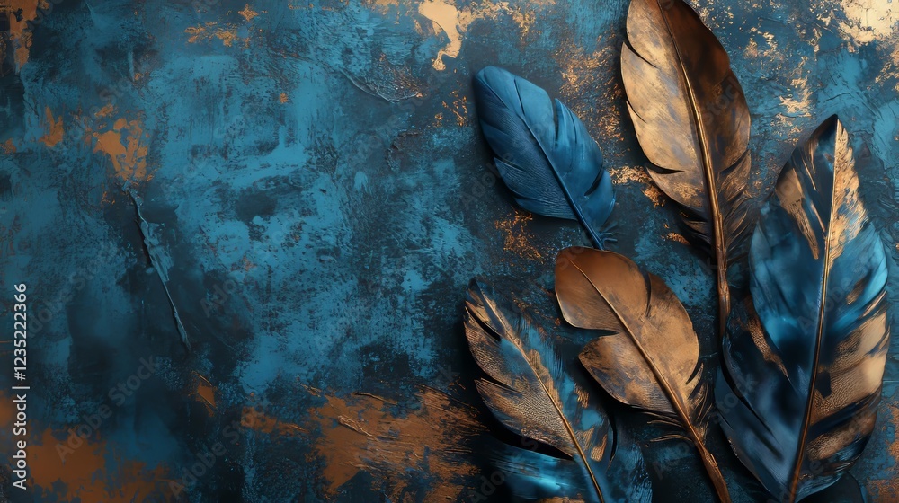 Obraz premium art background with golden and blue leaves or feathers