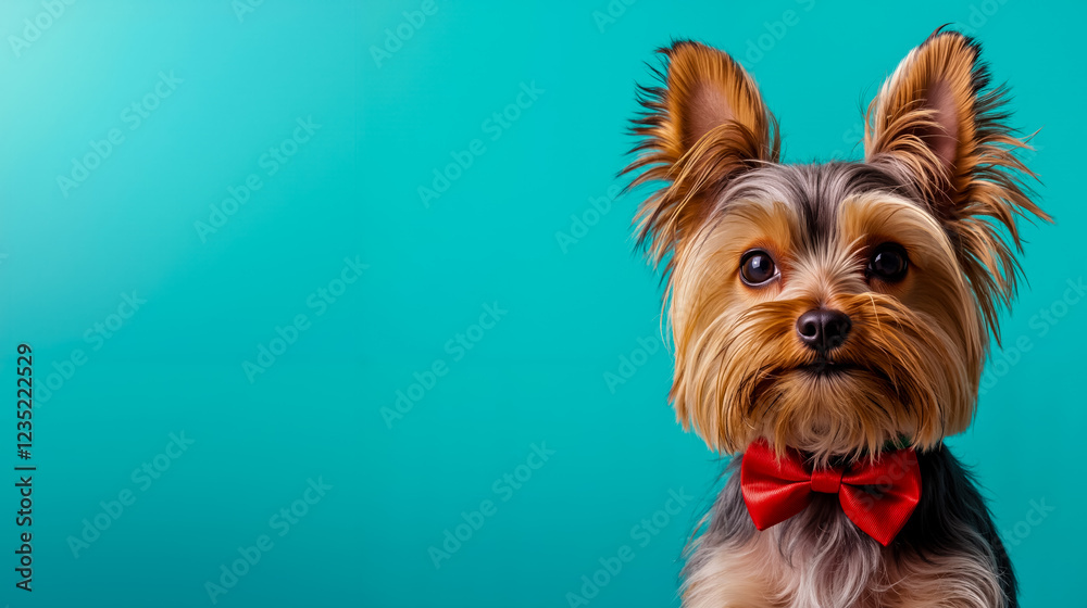 A small dog with a red bow tie on a blue background A small dog with a red bow tie on a blue background