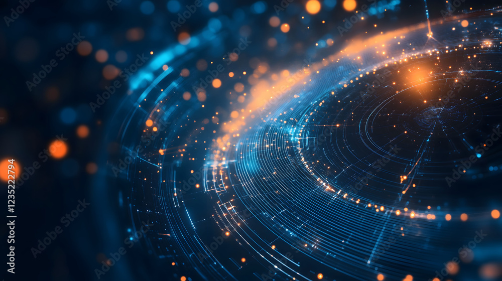 Naklejka premium Stunning Cosmic Inspired Arc Backdrop Filled With Bright Stars and Glowing Elements in a Digital Space. Generative AI