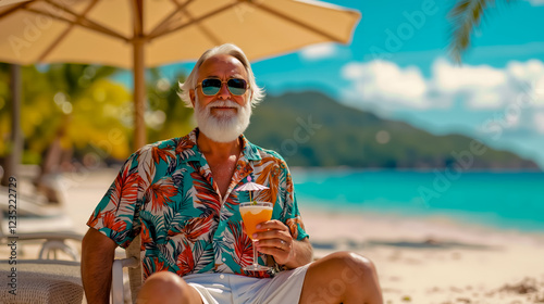 A man sitting on a beach chair holding a drink