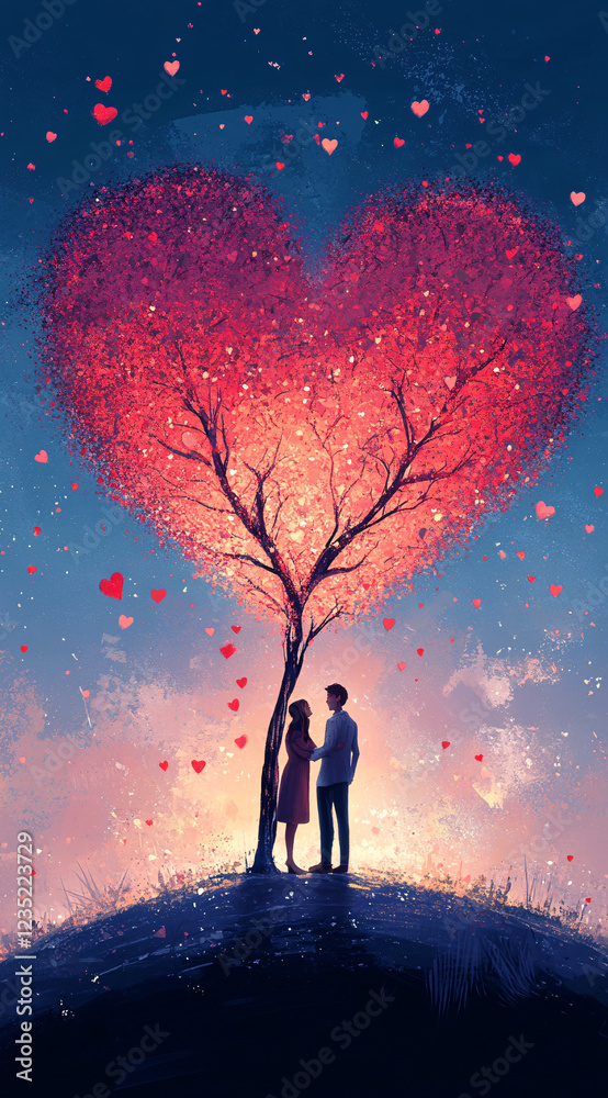 Obraz premium Romantic Digital Illustration of a Couple Standing Under a Glowing Heart-Shaped Tree, Dreamy Fantasy Scene with Warm Colors and Magical Atmosphere