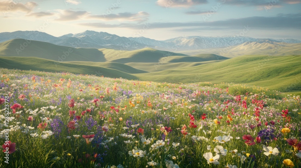 Fototapeta premium Vibrant wildflowers bloom in rolling hills at sunset, majestic mountains backdrop; idyllic nature scene