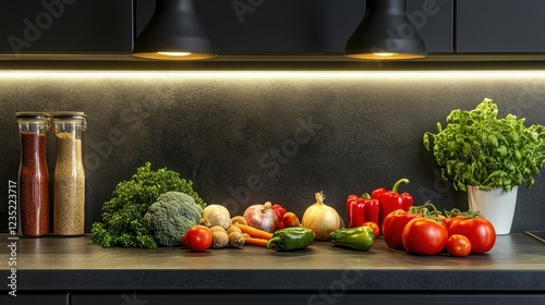 Fresh vegetables kitchen counter, spices, modern dark decor, food prep photo